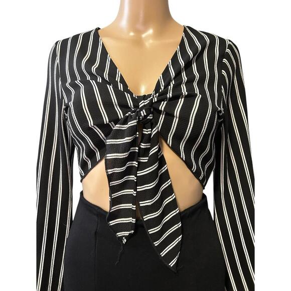 Trendy Black & White Striped Crop Top with Tie Front - Picture 1 of 6